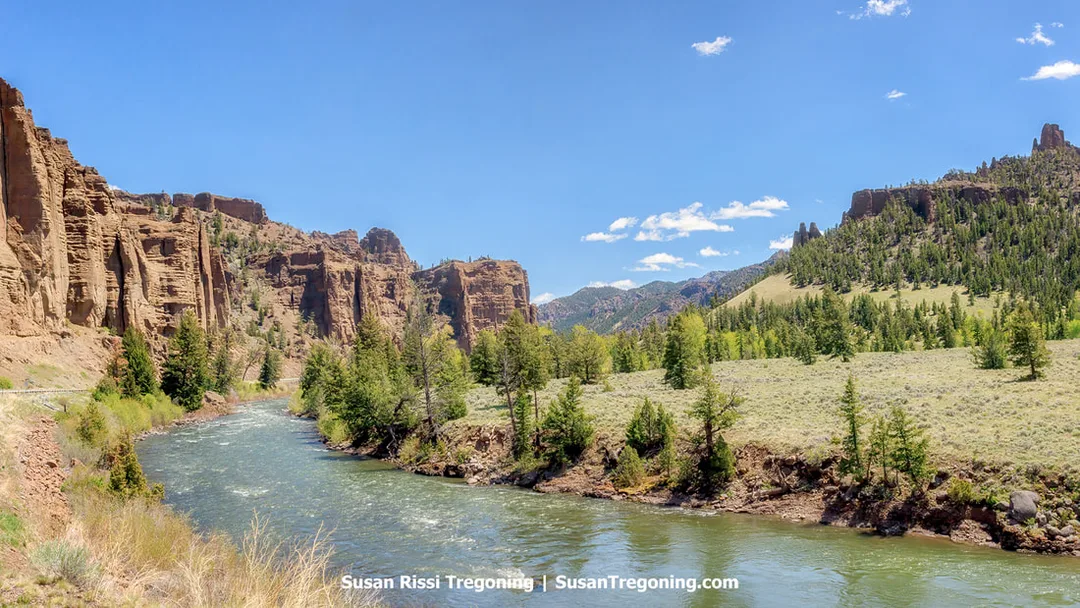 Reddish‑brown rock cliffs rise on the left above a river flowing through a green, forested valley. Pine trees and grasses line the riverbanks, with distant mountain peaks visible under a clear blue sky with a few scattered clouds.
