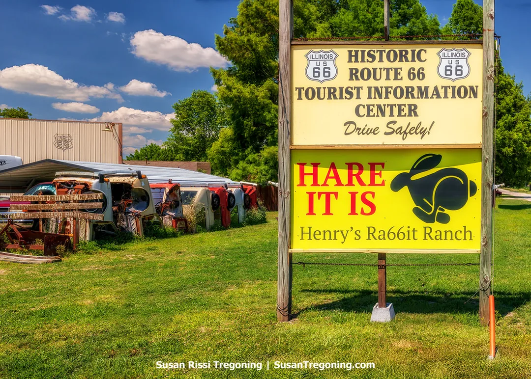 Signage at Henry’s Ra66it Ranch in Staunton, Illinois, is shown along the 1930–40 alignment of Route 66. The sign gives a playful nod to Arizona’s Jackrabbit Trading Post.