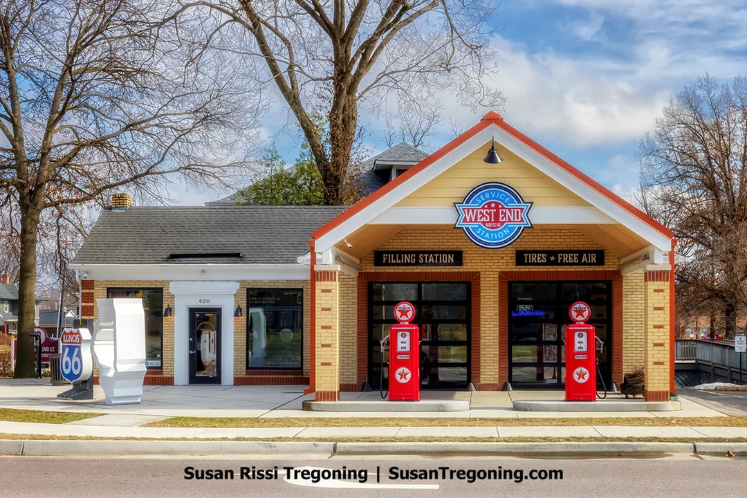 The West End Service Station in Edwardsville, Illinois, is shown from the exterior. The building once operated for nearly 40 years as a Route 66 service station and is now a Visitors Center and Museum. It is one of the last remaining original Route 66 service stations for more than 60 miles.