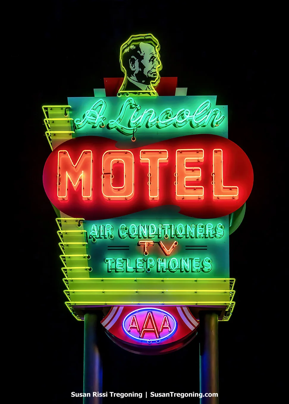 Recreated neon sign representing the 1940s A. Lincoln Tourist Court, displayed at the Route 66 Experience in Springfield.