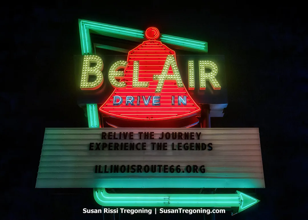  —
Recreated Bel Air Drive‑In neon sign at Legends Neon Park in Springfield, Illinois, built at 66 percent of the original size.
