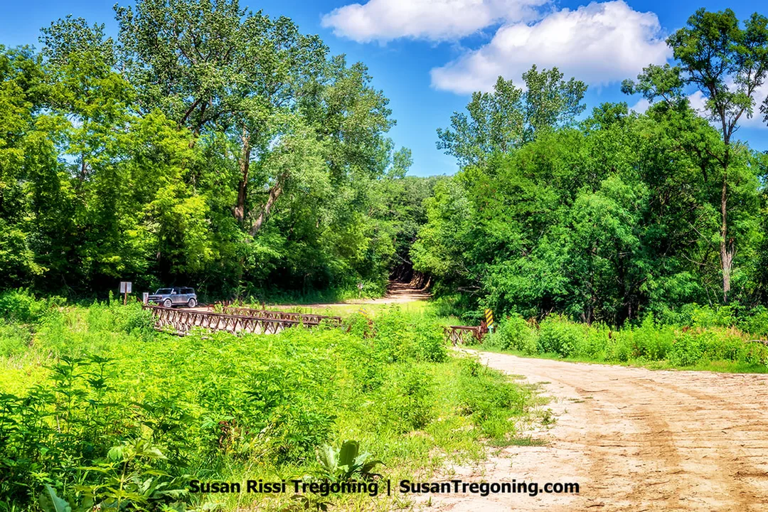 The one-lane bridge at the S Curve along Hastie Hollow’s unimproved B Road is tucked away in Mills County on the Waubonsie Loop, just off Iowa’s Loess Hills National Scenic Byway. It is considered by many as the finest B Road to explore in the Loess Hills. 