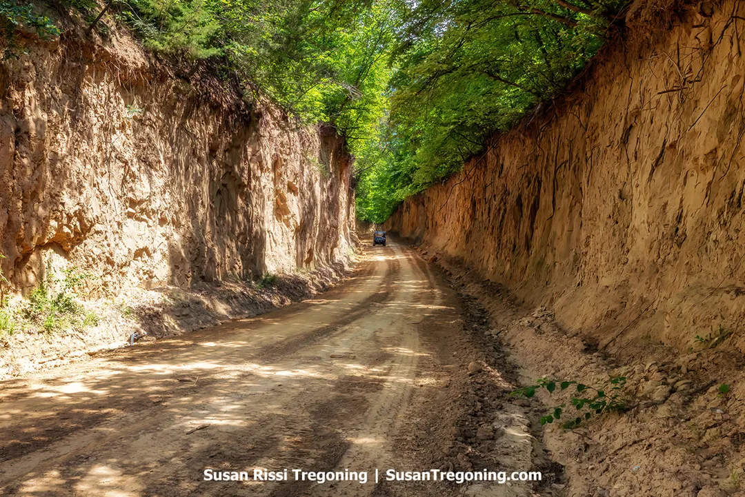 A side-by-side is dwarfed by the tall sidewalls of the Lake Hill B Road just off the Mills County Waubonsie Loop in Iowa’s Loess Hills National Scenic Byway.