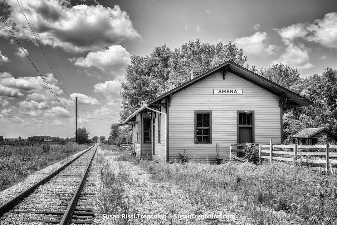 The Amana Depot in Iowa’s Amana Colonies sits right next to the railroad tracks.