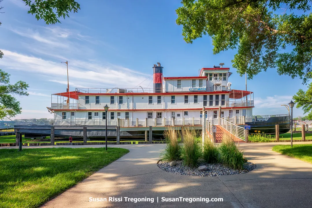 A view of the historic Sergeant Floyd Survey and Inspection Boat, now serving as a museum and visitor center. The vessel is docked and preserved as a public exhibit.