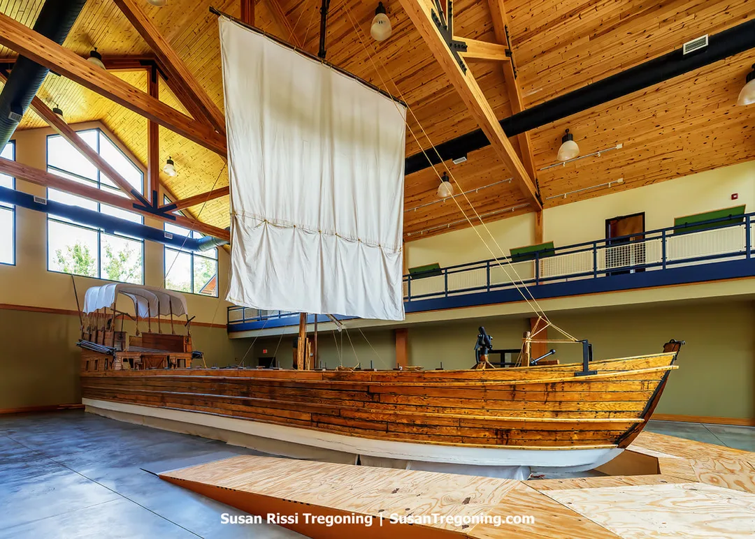 A view of the replica of Lewis and Clark’s 55‑foot keelboat at Lewis and Clark State Park. The full‑scale reproduction shows the long wooden hull and upper deck features associated with the expedition’s river travel.