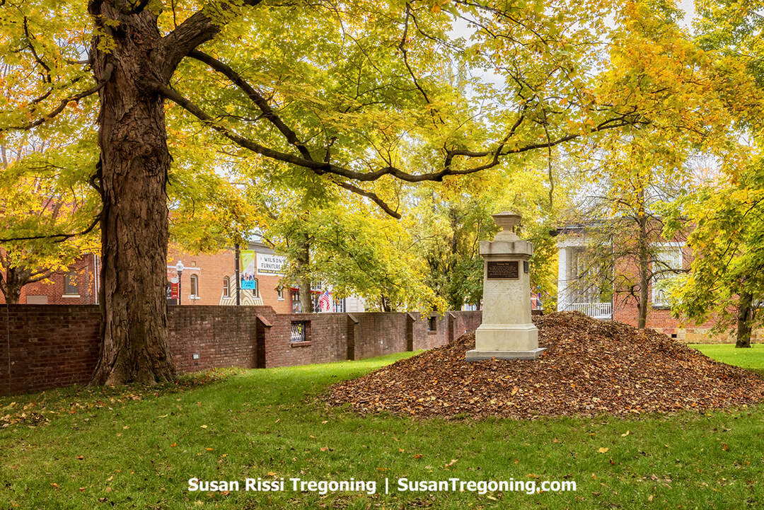 A stone monument marking Thomas Say’s grave stands on a rise covered with fallen autumn leaves, surrounded by tall trees with yellow and orange foliage. A brick wall encloses the area behind the marker, and buildings are visible beyond it, creating a quiet, reflective setting for the naturalist’s resting place.