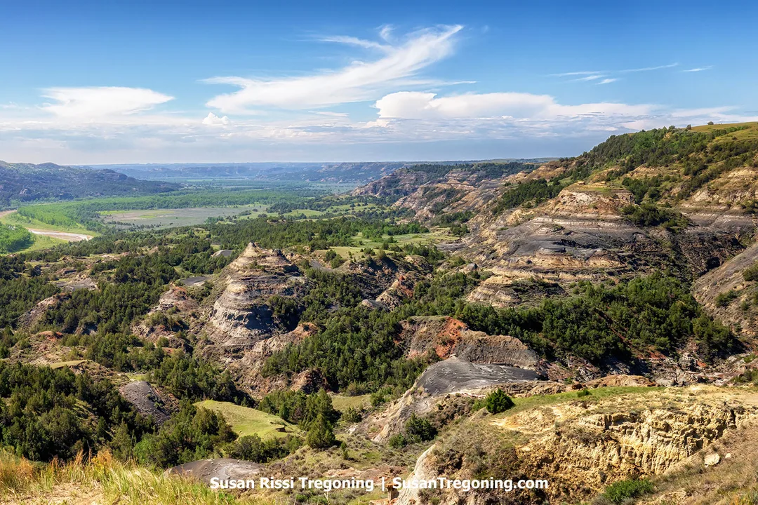 Scenic view from Oxbow Overlook in the North Unit of Theodore Roosevelt National Park. The Little Missouri River winds through a green valley surrounded by rugged badlands formations. Layered cliffs and forested slopes display rich tones of tan, gray, and green beneath a bright blue sky with scattered clouds, highlighting the dramatic terrain of western North Dakota.