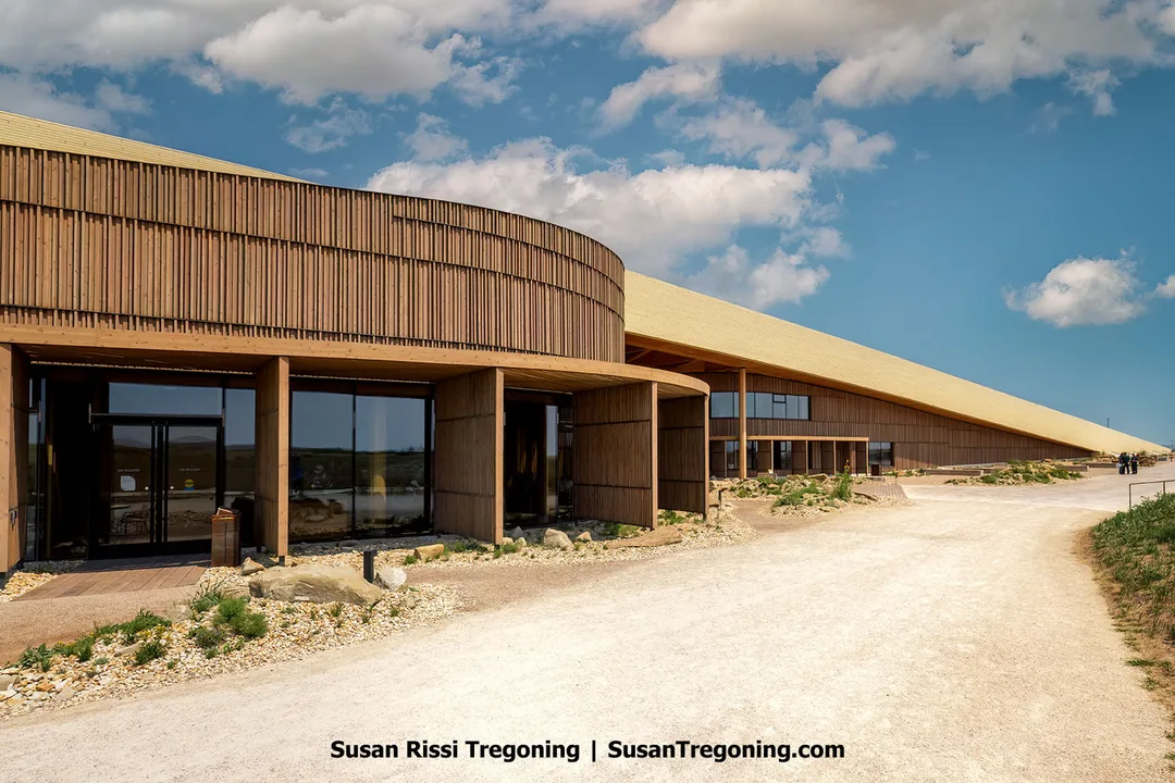 The Theodore Roosevelt Presidential Library in Medora, North Dakota, stretches along a hillside in a graceful curve. Its facade of vertical wooden slats and glass panels reflects the surrounding Badlands, while a light‑colored roof sweeps upward, blending modern architecture with the natural landscape.