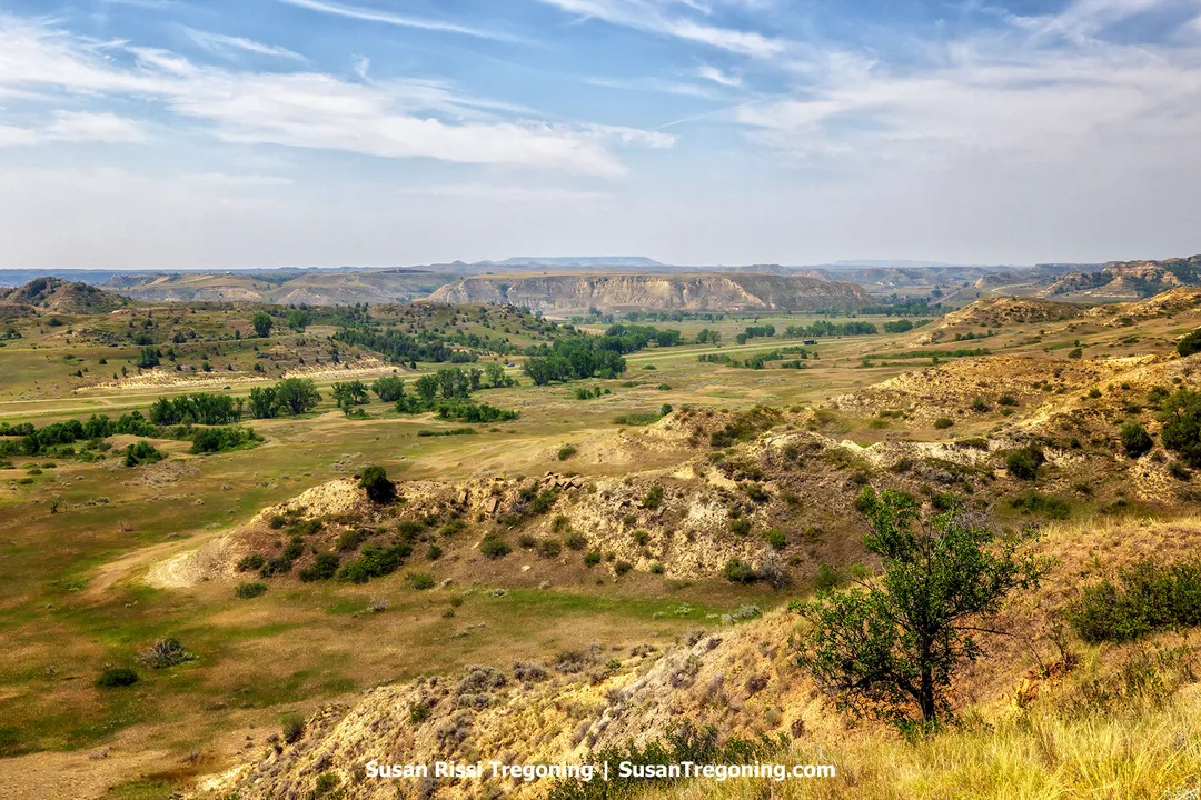 A panoramic view of the South Unit near Skyline Vista in Theodore Roosevelt National Park, Medora, North Dakota. Layered buttes and eroded hills stretch across the Badlands in tan and green tones, with Interstate 94 winding through the valley and the Theodore Roosevelt Presidential Library faintly visible on a distant rise.