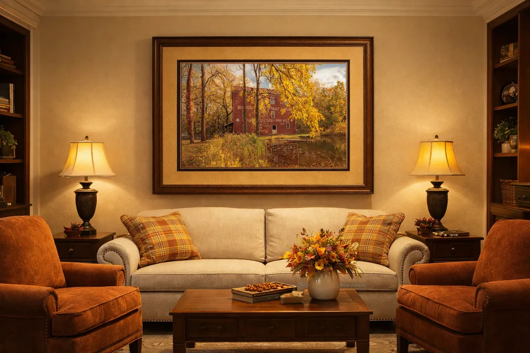 A framed “Autumn at Bowens Mills” art print hangs above a beige sofa in a warmly lit living room. The rustic mill scene with golden fall foliage adds seasonal color to the space, surrounded by matching lamps, built‑in shelves, and coordinated décor.