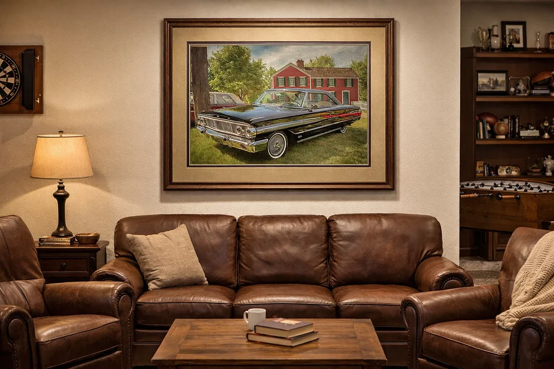 A vintage black classic car parked in front of a red colonial‑style house.
