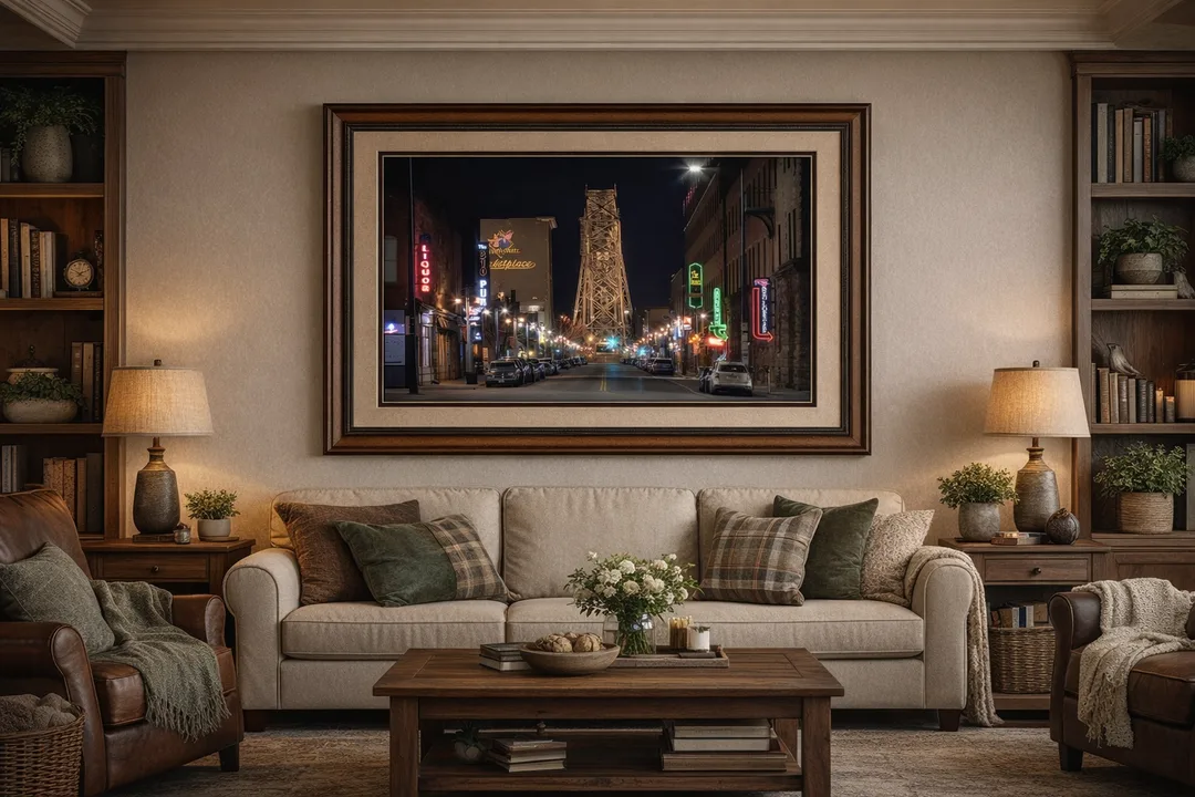 A nighttime view of the Duluth Aerial Lift Bridge captured from a quiet street, showing a clear side profile of the structure. The roadway is empty due to extreme cold, and the bridge is illuminated against the dark sky.