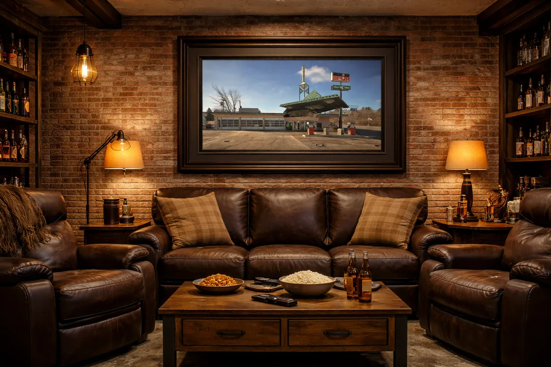 A cozy lounge with exposed brick walls and leather furniture features a large framed photograph of the Frank Lloyd Wright Gas Station hanging above a central sofa. The room includes two armchairs, warm ambient lighting, shelves stocked with liquor bottles, and a wooden coffee table holding snacks, remote controls, and two beer bottles.