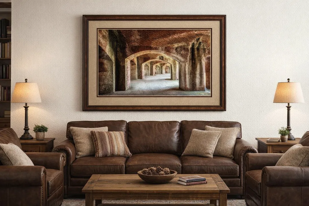 A framed photograph of a brick archway corridor hangs above a dark brown leather sofa with striped and solid beige pillows. Matching leather armchairs flank the sofa, and a rustic wooden coffee table sits in front. The room includes warm lighting, wooden side tables, and a neutral wall backdrop.