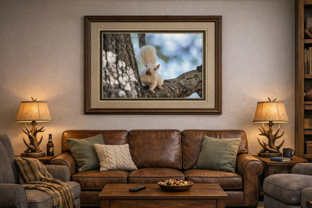 A framed photograph of a white squirrel perched on a tree branch hangs above a brown leather sofa in a cozy living room. The artwork features double mats—a light beige top mat and a darker olive-green bottom mat—inside a dark wood frame. The squirrel’s bright white fur contrasts with the textured bark and softly blurred background of blue and green hues. The frame is centered on the wall, five inches above the sofa, with four inches of space on either side.