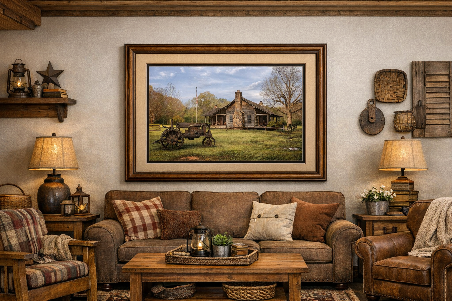 A framed photograph of an old rusty tractor in front of a log cabin with a stone chimney hangs on a light beige wall. The artwork features a beige outer mat and a dark brown inner mat within a medium‑toned wooden frame. The image shows the tractor resting in a grassy yard surrounded by trees under a partly cloudy sky, evoking a rustic, historic atmosphere.