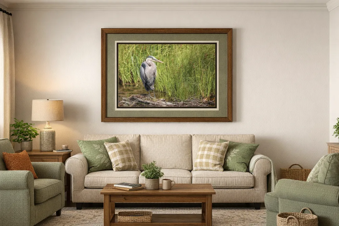 Framed photograph of a great blue heron standing on a fallen log surrounded by tall green grasses and reeds near the edge of a calm wetland. The heron’s grayish-blue feathers and long neck are clearly visible, and the image is displayed within a warm brown wood frame with two mats — a wide moss-green top mat and a narrow forest-green bottom mat — hanging above a beige sofa in a cozy living room setting.