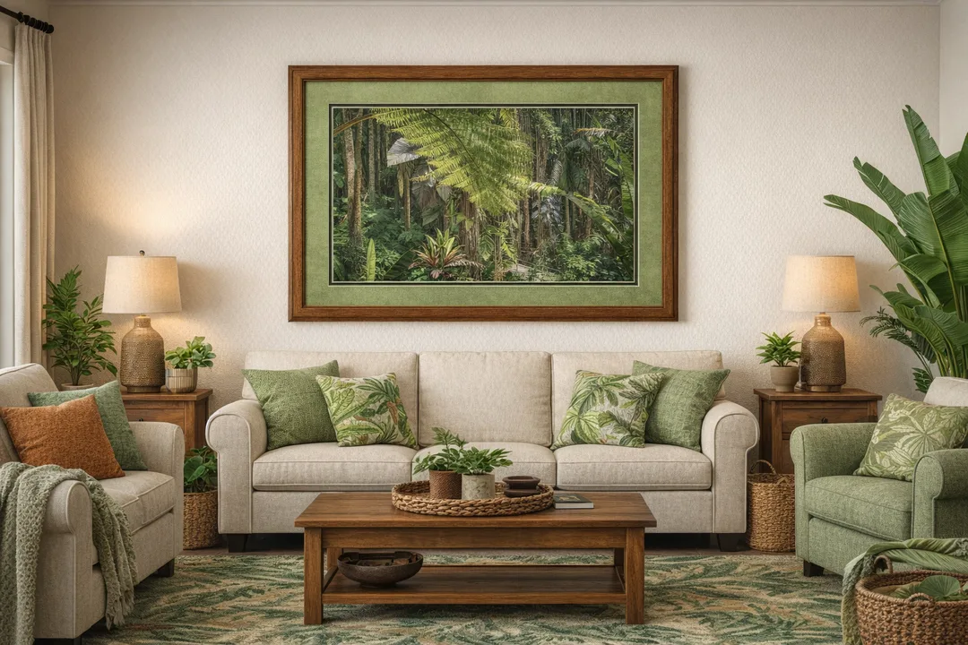 Framed photograph of a tropical rainforest featuring large green fern fronds in the foreground and tall slender trees rising through dense foliage. Sunlight filters through the canopy, illuminating layers of lush greenery and highlighting the textures of leaves and vines. The image captures the richness and depth of tropical vegetation, evoking a sense of calm and natural abundance.