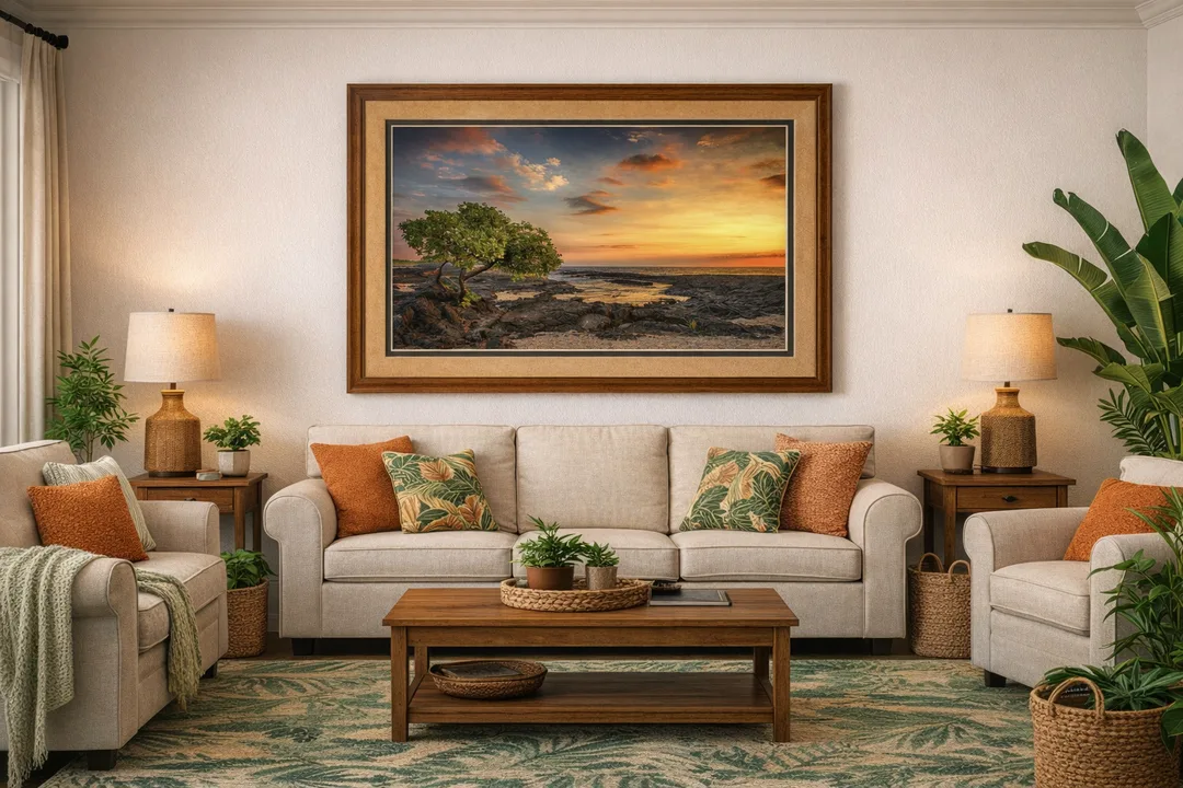 Vibrant coastal sunset photograph featuring a lone green tree growing from dark volcanic rock along the shore. The ocean reflects golden and pink hues from the setting sun, while scattered clouds glow in warm tones across the horizon. This artwork captures the strength and serenity of nature’s edge — a perfect piece for bringing warmth, resilience, and tropical calm into any living space.