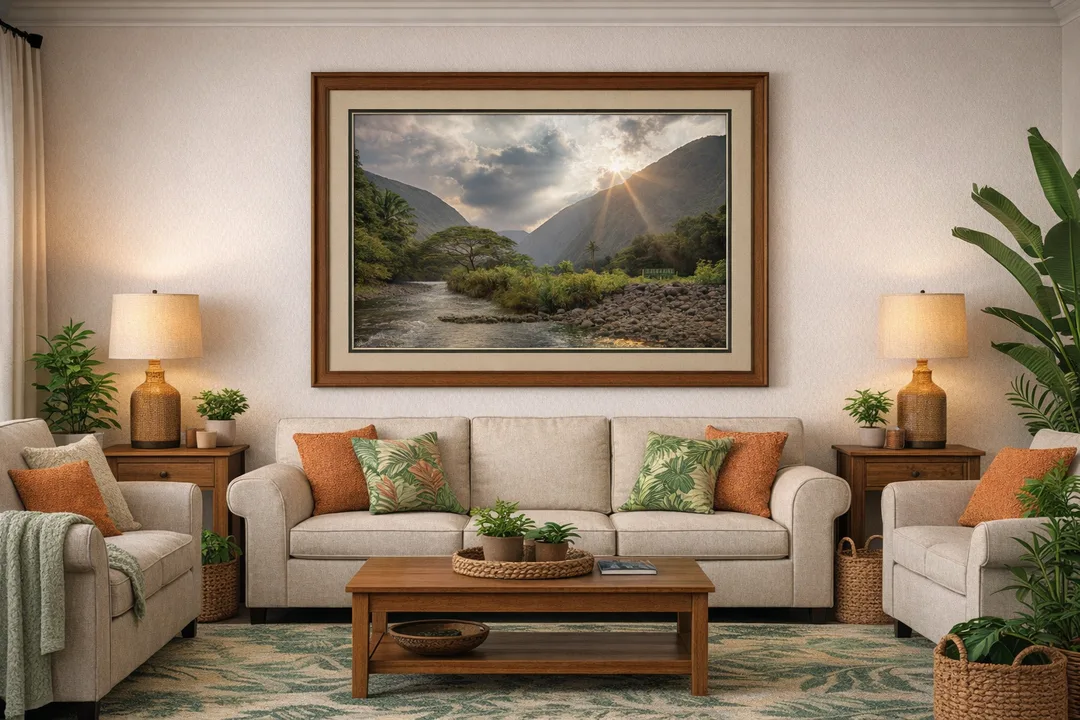 Framed photograph of a lush tropical valley with a gently flowing river bordered by smooth rocks and dense greenery. Sunlight streams through a break in the clouds, casting golden rays across the mountains and water. This artwork captures the serenity and strength of nature — a perfect statement piece for bringing warmth, calm, and natural beauty into any living space.