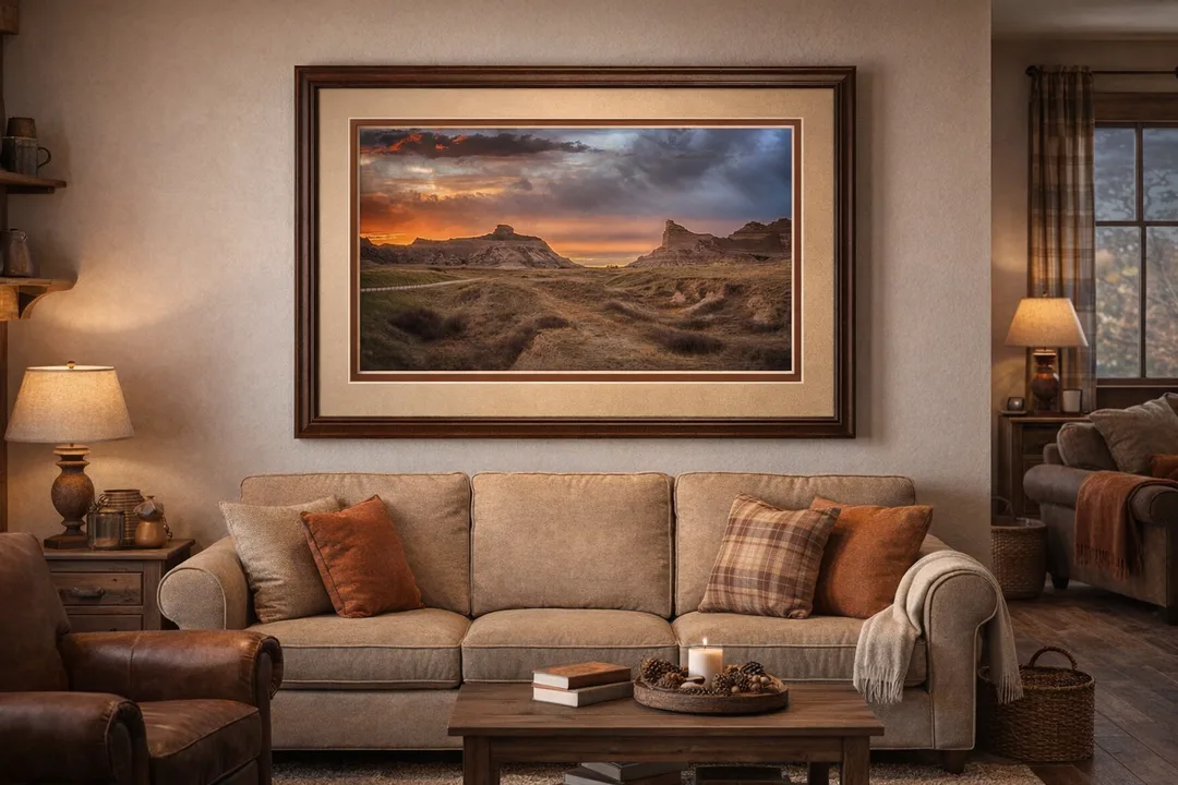 Framed landscape photograph of Nebraska’s rugged bluffs at sunset, displayed in a rustic living room. The image features dramatic rock formations under a vivid orange and blue sky, double‑matted in warm beige and burnt orange with a dark wood frame. The scene evokes the beauty of the Great Plains and complements cozy, heritage‑style home décor.