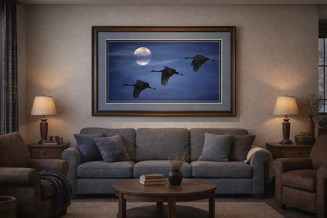 Three Sandhill Cranes fly across a deep blue twilight sky with a full moon glowing behind thin clouds. The birds are silhouetted against the moonlight, their wings outstretched in graceful motion. The scene captures the quiet beauty and mystery of migration under moonlight, evoking calm and wonder in a cozy living room setting.