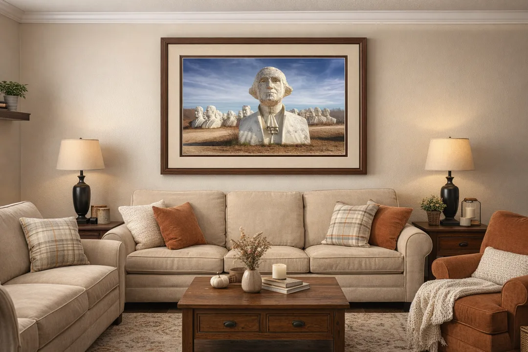 A large framed photograph of weathered presidential head sculptures hangs above a beige sofa in a warm, homey living room. The artwork features George Washington’s cracked concrete bust surrounded by other presidents’ heads under a clear blue sky. The piece is presented in a dark wood frame with a light beige top mat and a darker brown bottom mat, creating a bold double‑mat border. Cozy furniture, plaid pillows, soft lighting, and rustic décor surround the artwork, emphasizing how the framed print adds character, warmth, and a historic focal point to the room.