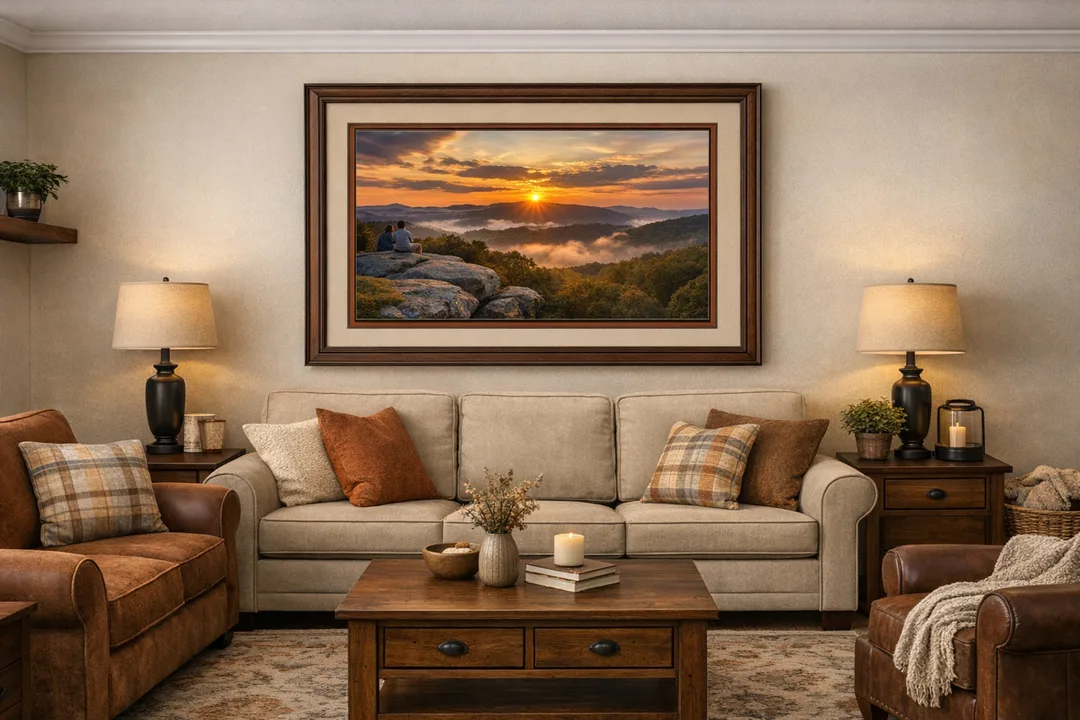 A warm, inviting living room features a large framed photograph of a Blue Ridge Mountains sunset hanging above a beige sofa. The artwork shows two people sitting on rocky ledges at Raven Rocks Overlook, gazing toward mist‑filled valleys and glowing orange skies. The piece is framed in dark wood with a light beige top mat and a wider burnt‑orange bottom mat, complementing the image’s tones. Cozy furniture, plaid pillows, and soft lighting create a comfortable setting that highlights how the framed print adds warmth, natural beauty, and a touch of Appalachian charm to any home.