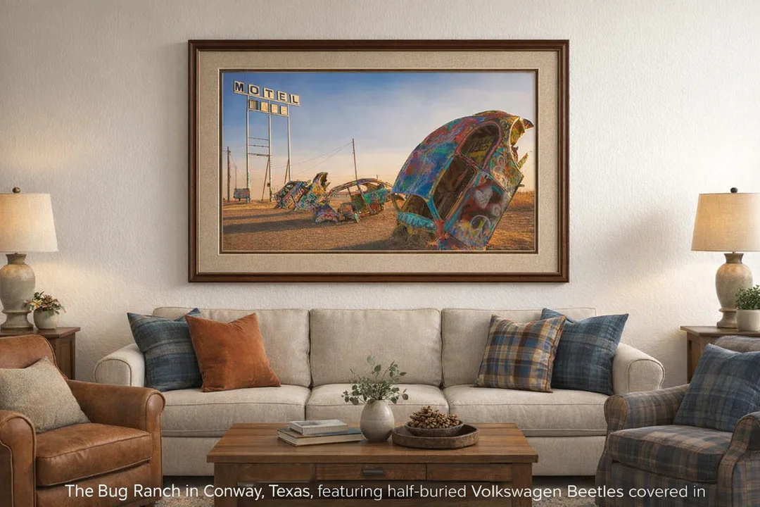 A row of brightly graffiti‑covered Volkswagen Beetles half‑buried nose‑down in the ground at the Bug Ranch in Conway, Texas, glowing in warm sunset light. This vibrant Route 66 landmark captures the playful spirit of roadside Americana and makes a bold, colorful statement piece for collectors and travel enthusiasts.