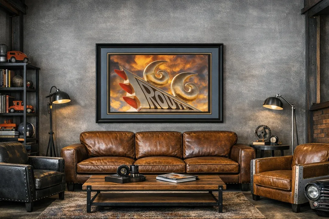 This fine‑art photograph by Susan Rissi Tregoning features a close‑up of a stylized “ROUTE” sign with red rocket‑shaped fins and golden swirls, glowing beneath a dramatic sunset sky. Framed in black wood with blue‑gray and bronze mats, it evokes the spirit of classic car culture and Route 66 heritage. Ideal for collectors and enthusiasts seeking authentic American nostalgia with a modern edge.