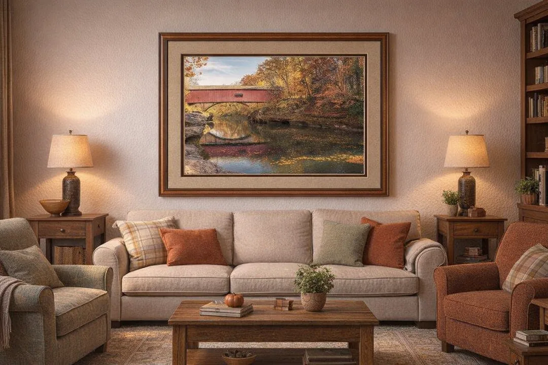 A red covered bridge spans Sugar Creek at the Narrows, surrounded by bright autumn foliage. The bridge and trees reflect in the calm water, with large rocks lining the creek bank under a partly cloudy sky.