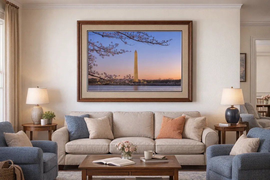 A framed photograph of the Washington Monument at sunrise, viewed across the Tidal Basin and framed by cherry blossoms in full bloom. Warm light and soft color contrast evoke the serenity of spring in Washington, DC. Presented in a rich wood frame with double mats, this artwork brings timeless elegance and seasonal beauty to any home or office.