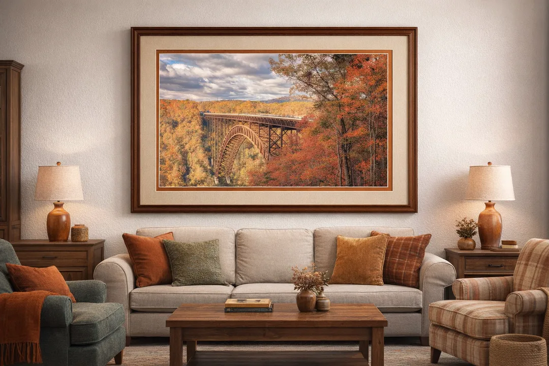 Framed photograph of the New River Gorge Bridge in autumn, displayed above a beige sofa in a cozy living room. The bridge spans a forested gorge filled with red, orange, and yellow foliage under a partly cloudy sky. The artwork is set in a wood frame with a light beige top mat and burnt‑orange bottom mat, complementing the warm tones of the room’s décor.