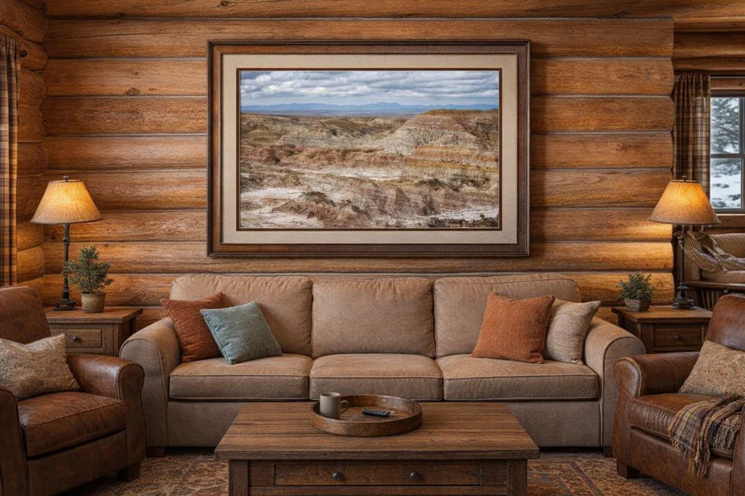Framed photograph of Wyoming’s Hell’s Half Acre badlands, showcasing layered red, orange, and white rock formations under a moody sky. This piece captures the rugged beauty of Wyoming’s high plains geology — a striking statement for rustic or modern interiors alike.