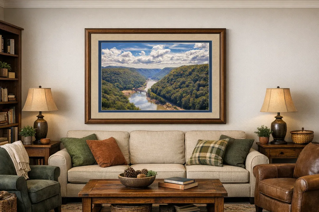 Framed photograph of the New River Gorge hanging above a beige sofa in a cozy living room. The artwork shows the river winding between forested hills under a partly cloudy sky, bordered by a light beige top mat, a slate‑blue bottom mat, and a medium brown wood frame.