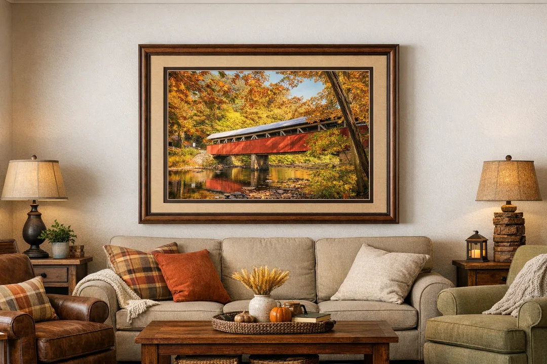 A red covered bridge spans a calm stream amid autumn trees in shades of orange, yellow, and green. The bridge’s metal roof and stone supports reflect in the water below. Warm sunlight highlights the seasonal colors. 