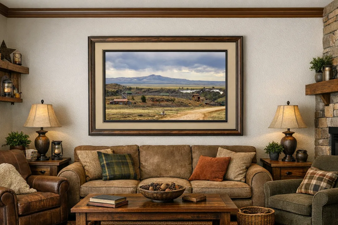 Framed photograph of the Carissa Mine and Mill at South Pass City, Wyoming, displayed in a warm, rustic living room. The image shows historic mining structures beneath dark clouds over the mountains, complemented by double mats and a wood frame that enhance its heritage aesthetic—ideal for collectors of Western history and fine art prints.