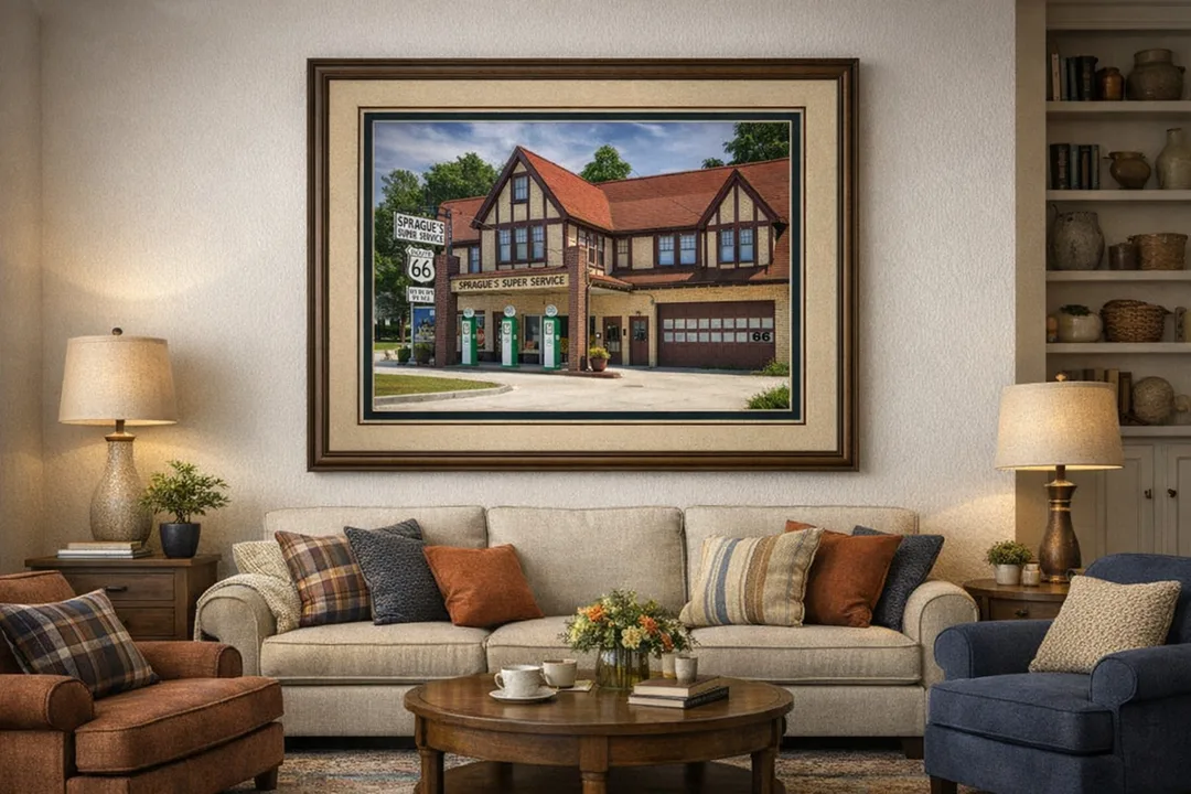 A framed photograph shows Sprague’s Super Service Station in Normal, Illinois — a Tudor Revival building with a steep red roof, beige brick walls, and three vintage green gas pumps beneath a canopy. The image highlights the “Sprague’s Super Service” signage and Route 66 emblem, emphasizing its restored architecture and collectible appeal for Route 66 fans.
