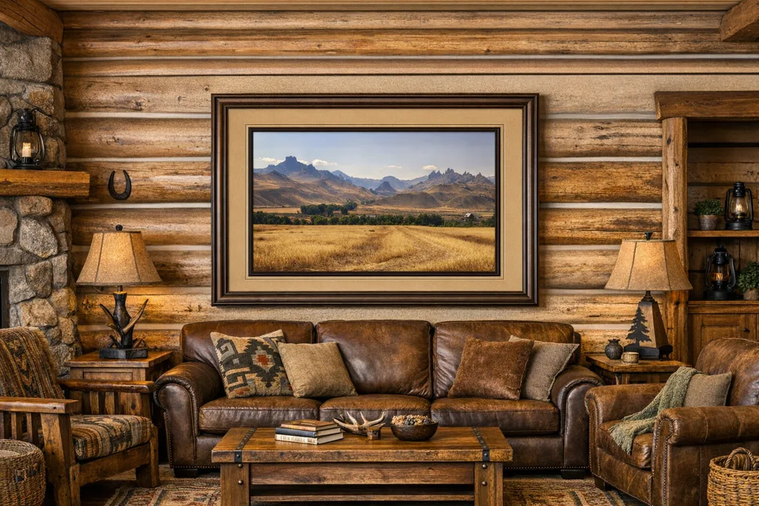 A rustic log cabin living room with a brown leather sofa, wooden chairs, and warm-toned décor. A framed landscape photograph of jagged Absaroka Mountain peaks hangs on the wall above the sofa. The photograph is double‑matted with a tan top mat and a dark brown inner mat inside a wood frame.