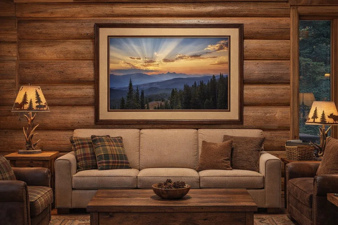 A framed photograph of a sunset over Pilot and Index Peaks, showing evergreen forests and layered mountain ridges beneath radiant beams of light. The warm tones and dramatic sky make this high‑country landscape ideal for rustic or mountain‑inspired interiors.