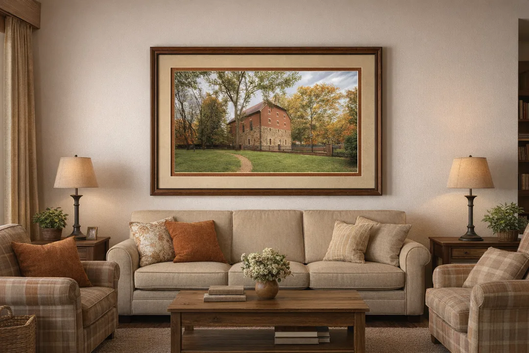 A framed photograph of a historic brick and stone building in New Harmony, Indiana, hangs on the wall above a beige sofa in a comfortable living room. The image shows a curved brick walkway, a grassy lawn, autumn trees, and part of a black metal fence around the structure. The room includes matching chairs, a wooden coffee table, lamps, and warm, homey décor.