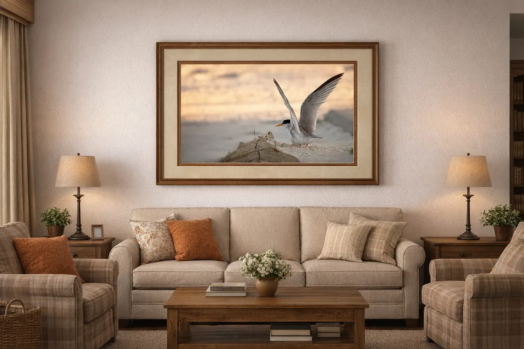 A Least Tern stands on sandy ground with its wings raised beside a small piece of driftwood, watching over two speckled eggs resting in a shallow scrape. The background is softly blurred in warm tones.