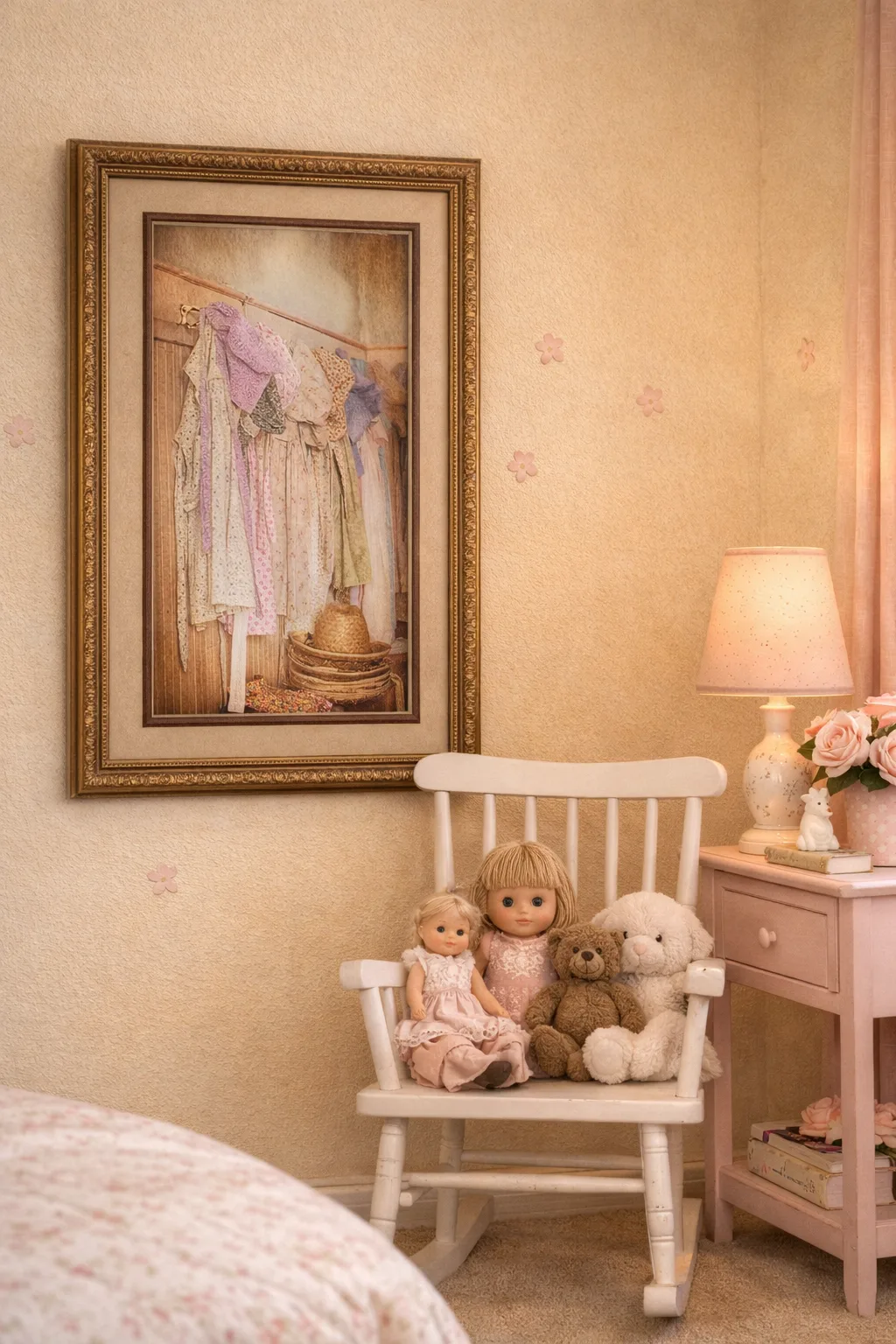 A framed vertical photograph of pastel pioneer‑style bonnets and dresses hangs on a cream‑colored wall beside a white rocking chair filled with dolls and stuffed animals in a young girl’s bedroom. The image inside the frame shows floral bonnets in soft pink, lavender, and green tones hanging from wooden pegs above a stack of straw hats. A pink nightstand with a lamp, flowers, and a small bunny figurine sits nearby, completing the nostalgic, vintage‑inspired scene.