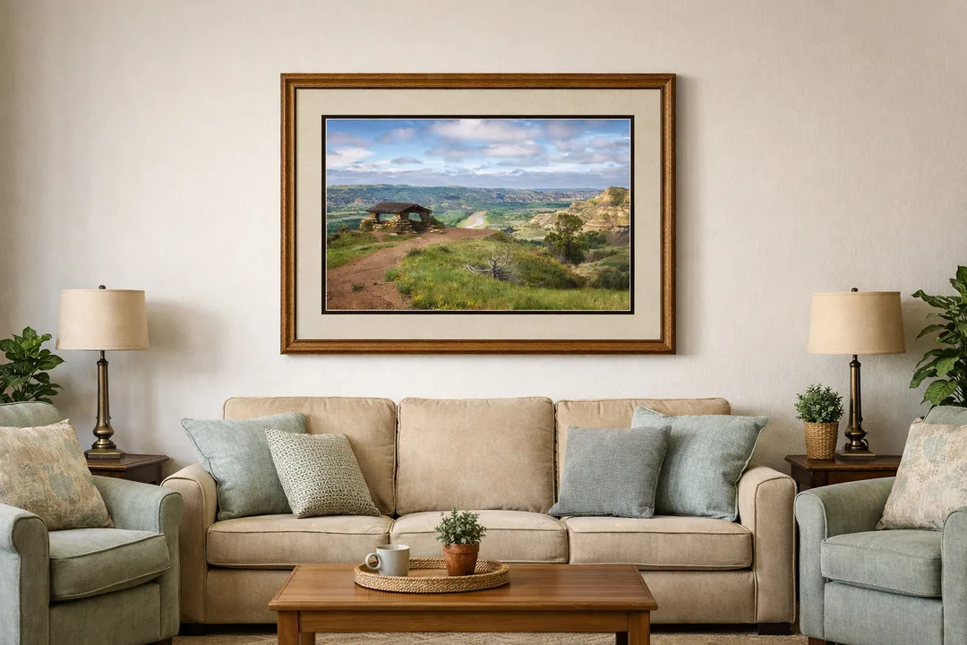 Framed photograph of the River Bend Overlook at Theodore Roosevelt National Park hanging above a neutral-toned living room sofa, showing layered Badlands buttes and the winding Little Missouri River.
