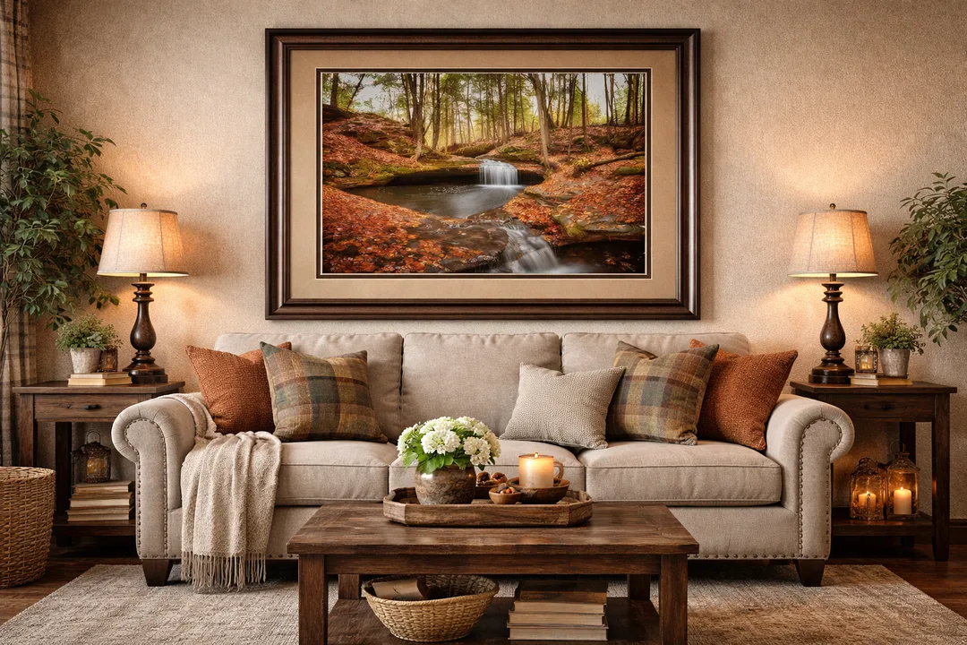 Framed photograph of a small forest waterfall in autumn, where silky water cascades over layered rock ledges into a calm pool below. The scene is surrounded by tall, slender trees and a forest floor covered in rich orange and rust-colored fallen leaves, with hints of green moss on the rocks. The artwork is presented with a double mat—an inner darker mat creating a narrow border and a wider outer mat in a warm, light tan—complemented by a medium-toned wood frame that enhances the earthy, natural palette.