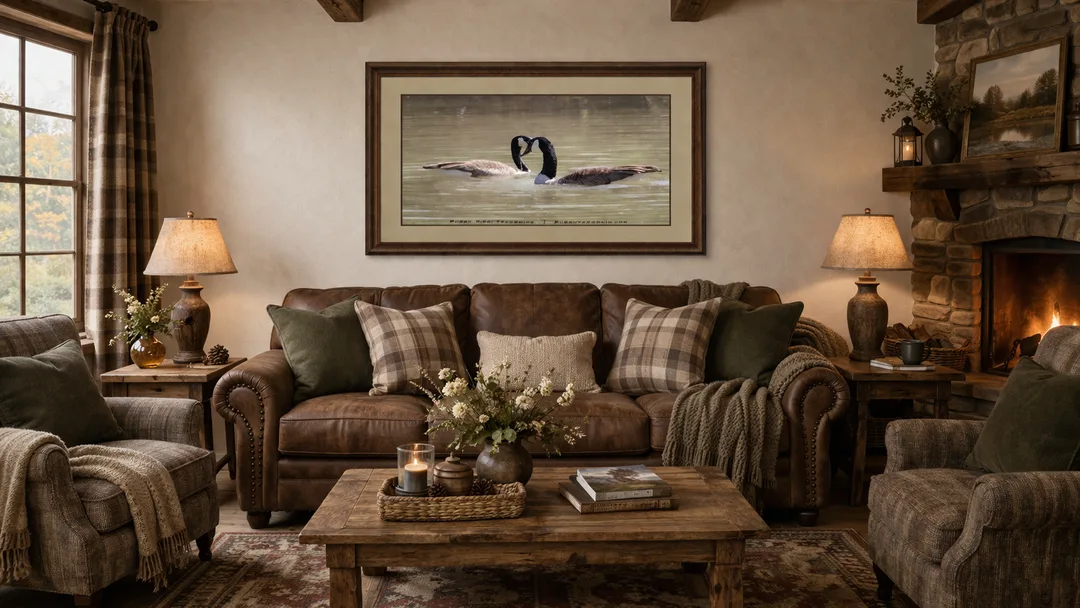 A pair of Canada Geese swim into the open water and turn to face one another, marking the start of their courtship ritual framed and matted at wall art and shown in a room mockup.