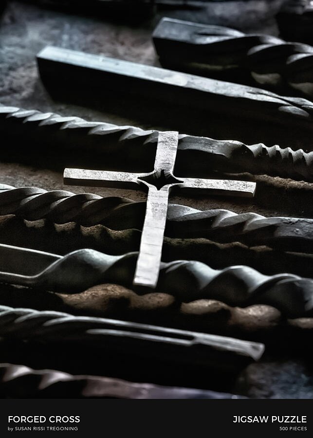 Twisted iron and a gleaming forged cross create a powerful industrial still life—now transformed into a beautifully detailed jigsaw puzzle.
