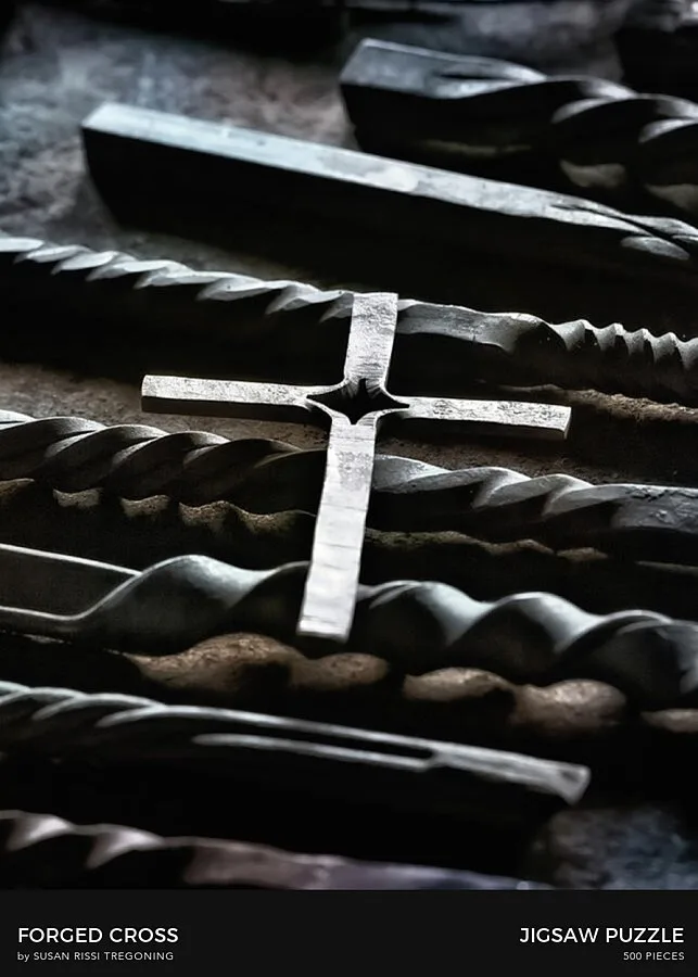 Twisted iron and a gleaming forged cross create a powerful industrial still life—now transformed into a beautifully detailed jigsaw puzzle.
