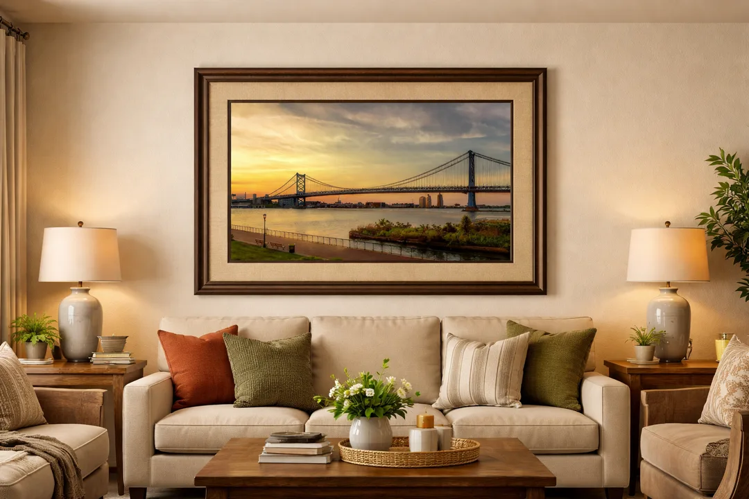 A sunset view of the Benjamin Franklin Bridge in Philadelphia, with the steel suspension structure silhouetted against orange and pink sky tones. The bridge spans the Delaware River, and the water reflects the warm colors of the sky. City buildings appear in the distance beneath the fading light.